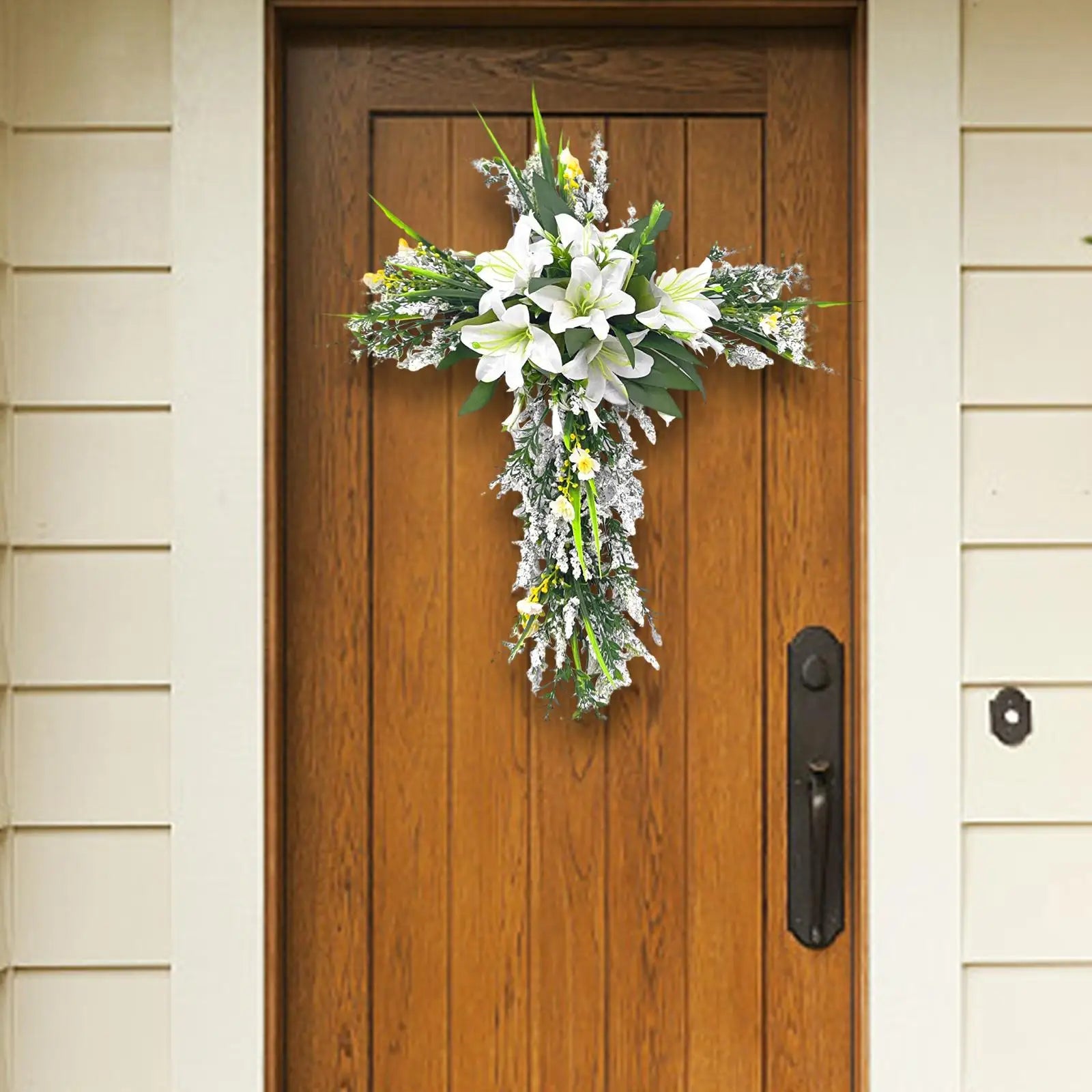 Easter Liliaceous Cross Wreath Garland Welcome Sign 20x15.7inch Artificial Flower for Indoor Outdoor Multipurpose Sturdy Zpaxo