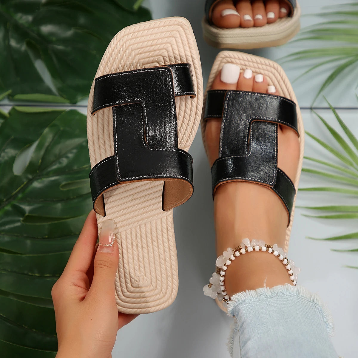Women Slippers Casual Lightweight Sandals Summer Fashion Shoes Hemp Zpaxo black 37