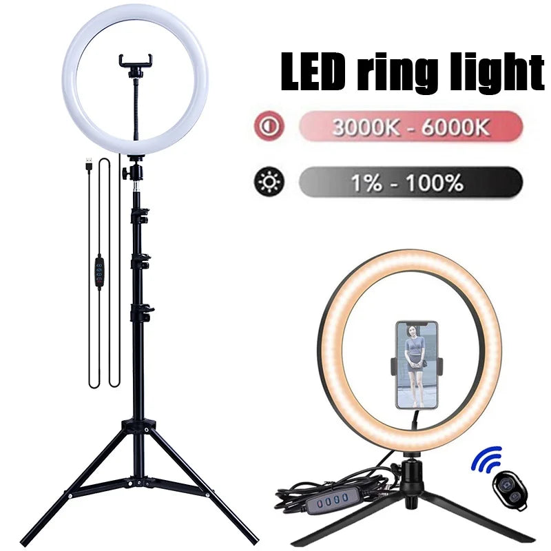 16/26/33cm LED Selfie Light Photography Lights With Tripod Bluetooth Remote Control Dimmable Ring Light For Video Live Fill Lamp Zpaxo