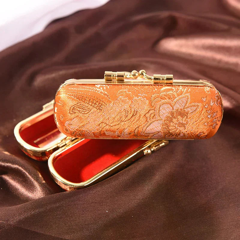 Inside & Snap-On Closure Retro Brocade Embroidered Flower Design Fashion Iron Clip Lipstick Case Holder With Mirror Zpaxo