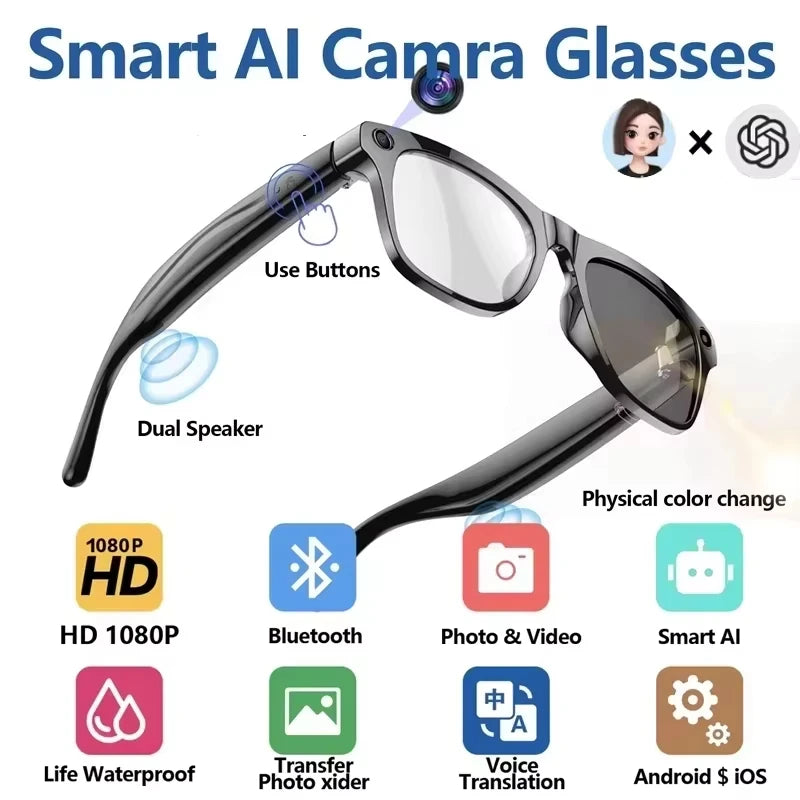 4K HD Color Changing AI Smart Glasses Chat GPT 100MP Camera Bluetooth Call Voice Assistant Control Smart Glasses 2026 New Zpaxo