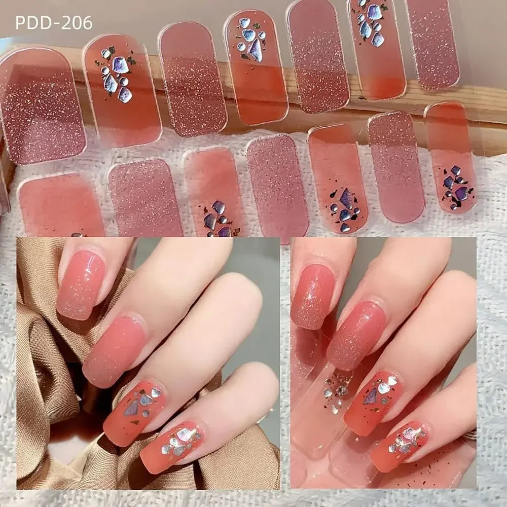 14Strips Gel Nail Stickers Full Cover Floristic Art Semi Cured Polish