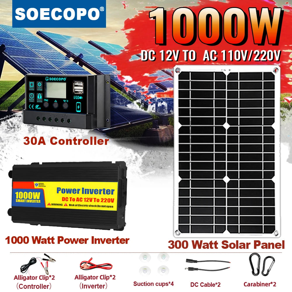 1000W complete solar off-grid system - solar panels, 1000W inverter and 30A controller for home RV and camping DC 12V To 220v Zpaxo 12V24V TO 220V 50HZ