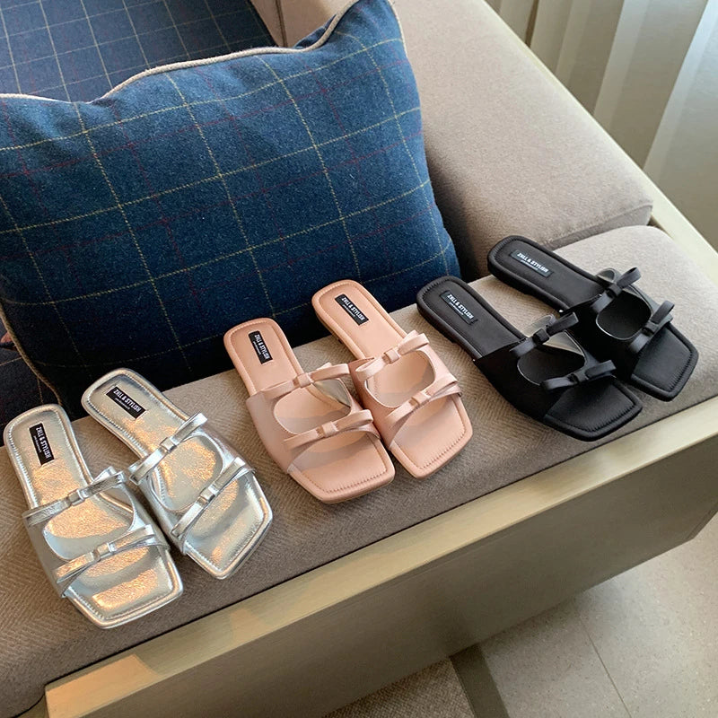 Womens Silver Bow Knot Square Toe Slide Sandals Open Flat Slippers Zpaxo