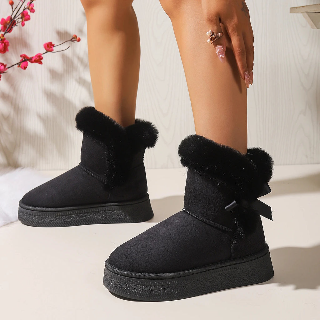 Comfortable Fashion Casual Flocking Winter Warm Ankle Length Snow Boots Women Shoes 2025 Bow Tie Thicken Female Boots Ladies Zpaxo