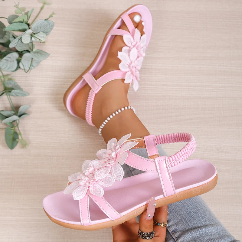 Elegant Women Sandals Clip Toe Floral Decorative Flat Shoes Casual Comfortable Lightweight Sandals Summer Retro Shoes Women Zpaxo Pink 42