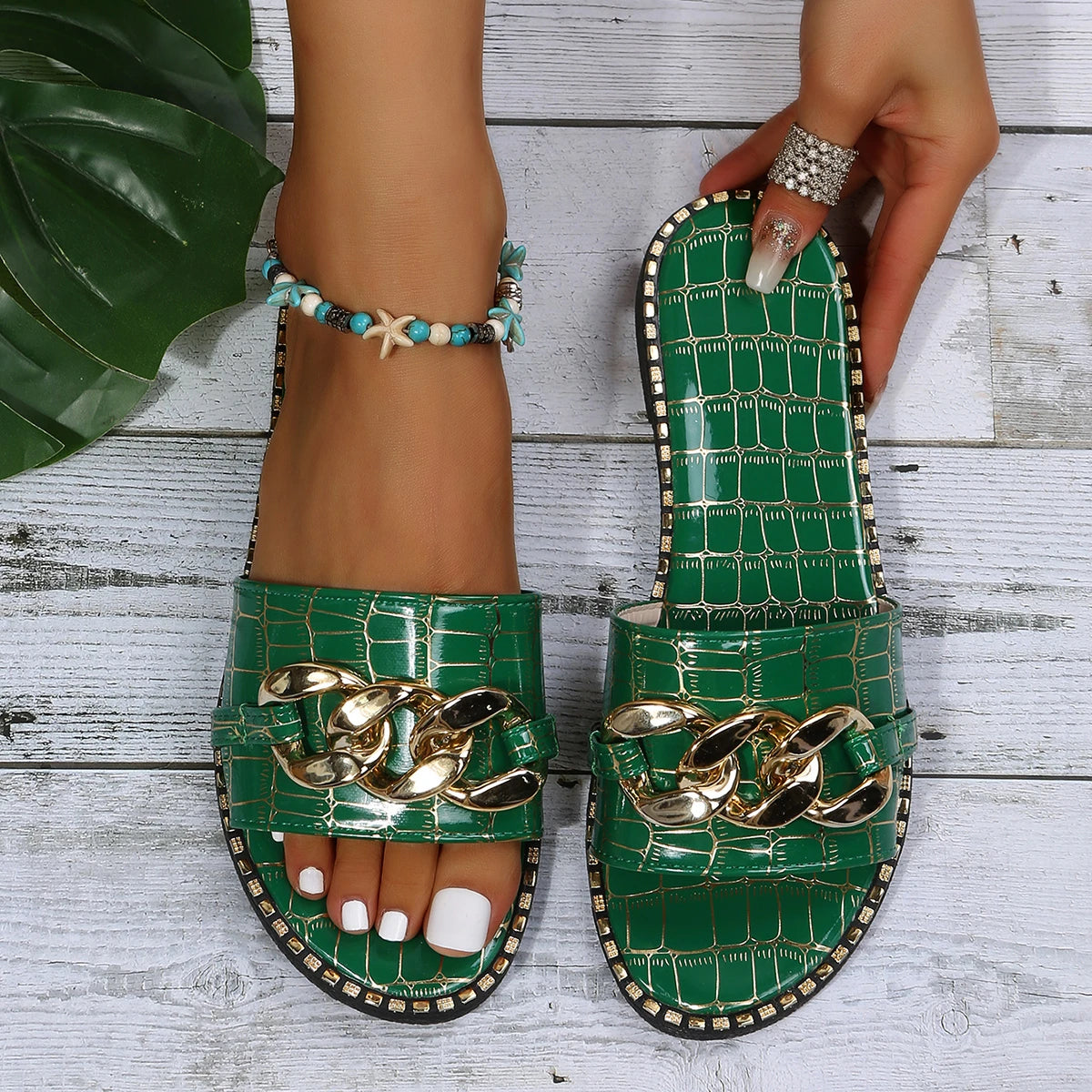 Women Slippers Fashion Sexy Chain Lock Solid Sandals Roman Flat Zpaxo green 37