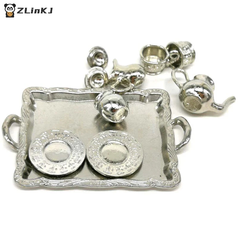 ▶10Pcs 1: 12 Dollhouse Furniture Miniature Dining Ware Metal Tea Cup Plate Set Zpaxo