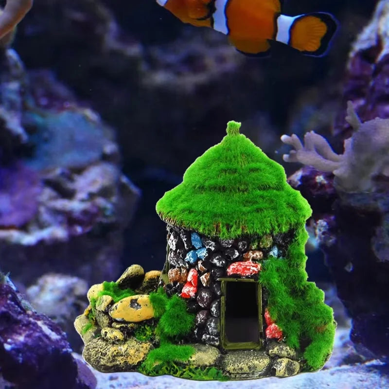 Aquarium Decoration House Resin Betta Cave Realistic Green Moss Fish