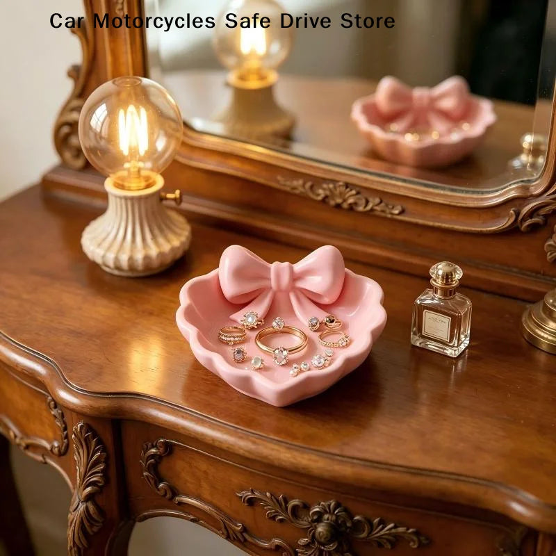 CMHeart-Shaped 3D Printed Jewelry Tray Pink Bow Elegant Decor Table