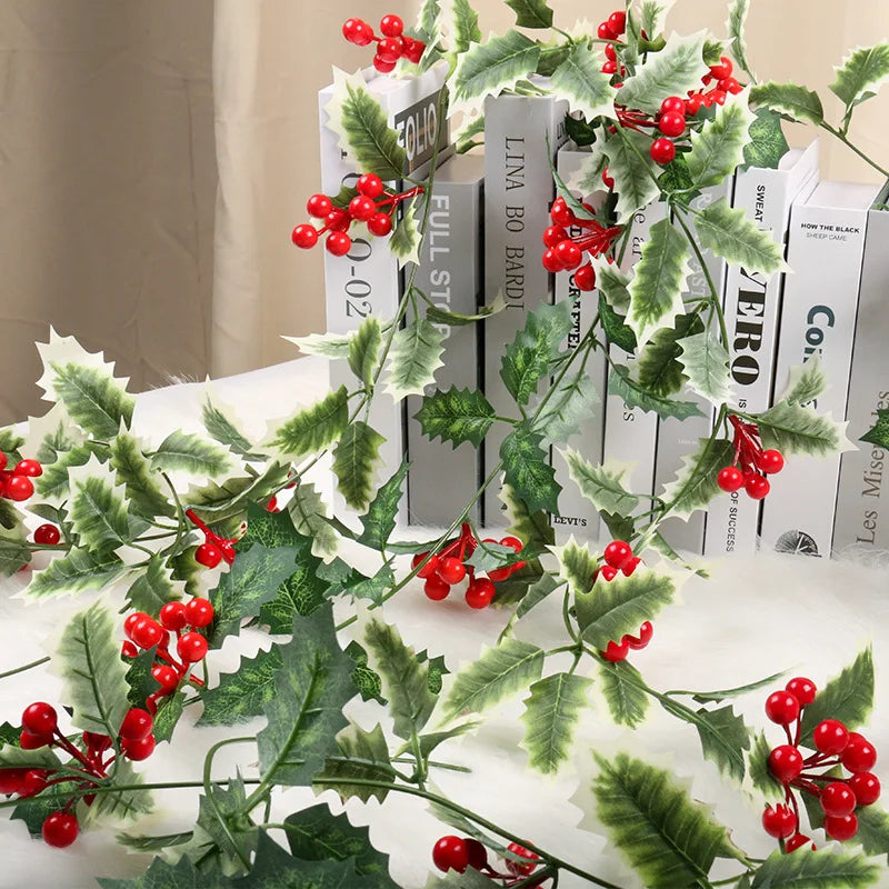 2M Artificial Holly Leaves Vine Red Berries Christmas Rattan DIY