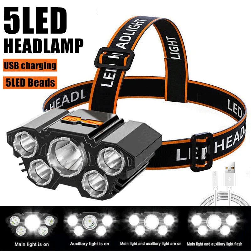 5 LED Rechargeable Headlamp | 10W Waterproof Camping Headlight