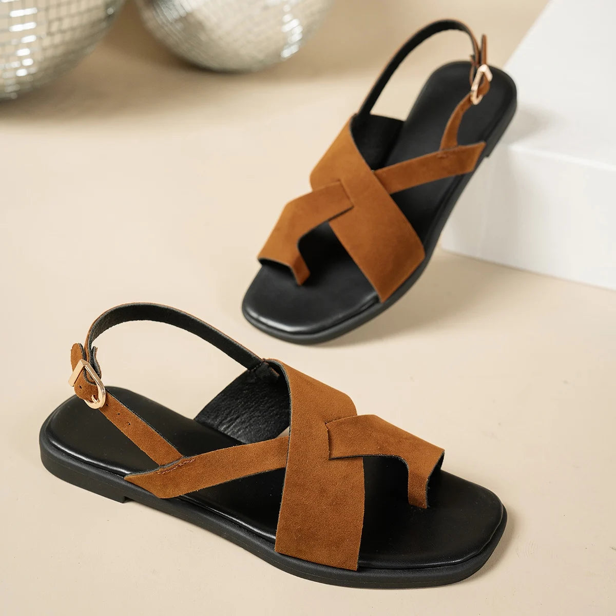 Vintage Flat Toe Herringside Sandals Women's 2025 Summer Holiday Rome
