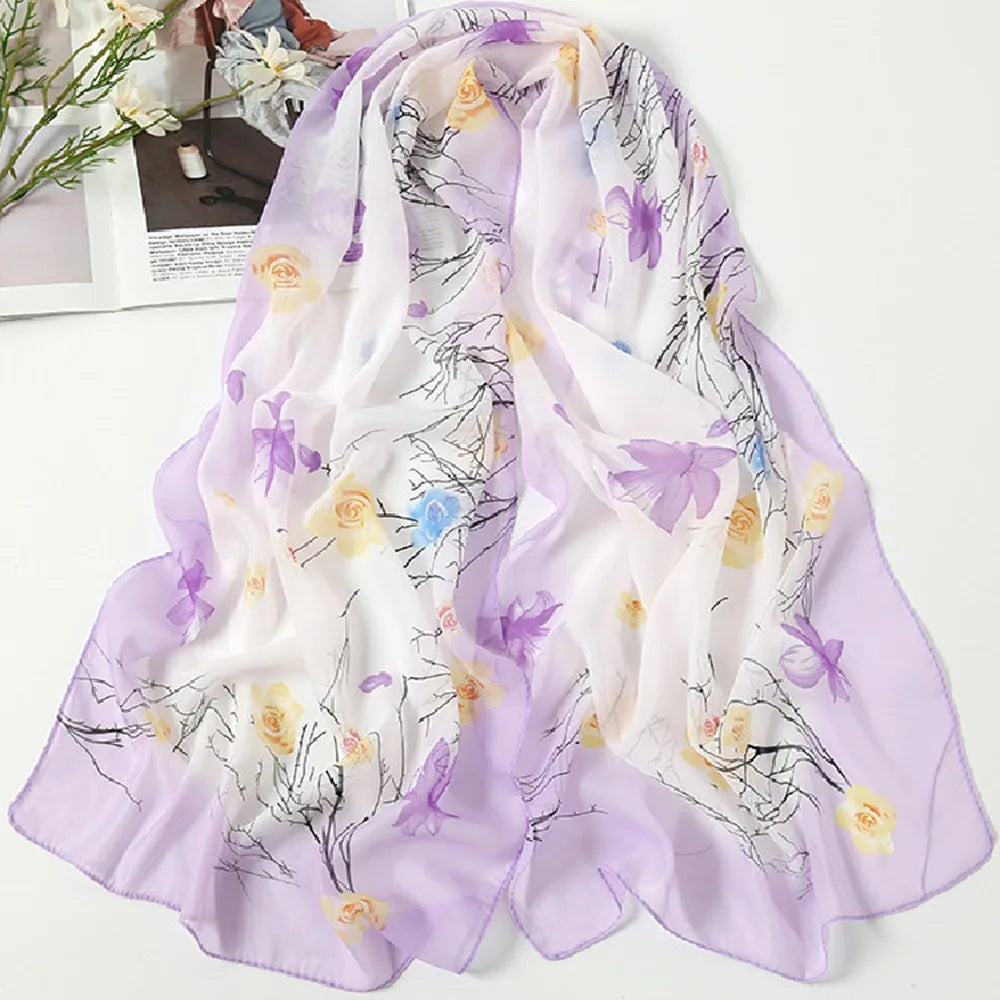 Elegant 160*50cm Chiffon Scarf Sunscreen Gradient Shawl Silk Flower Print Washable Beach Gauze Scarf for Women Zpaxo
