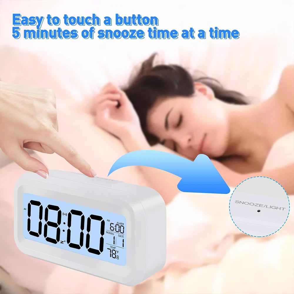 Digital Alarm Clock with Indoor Temperature Light Sensor Battery Operated Backlight 12/24H Display for Bedrooms Office Desk Zpaxo