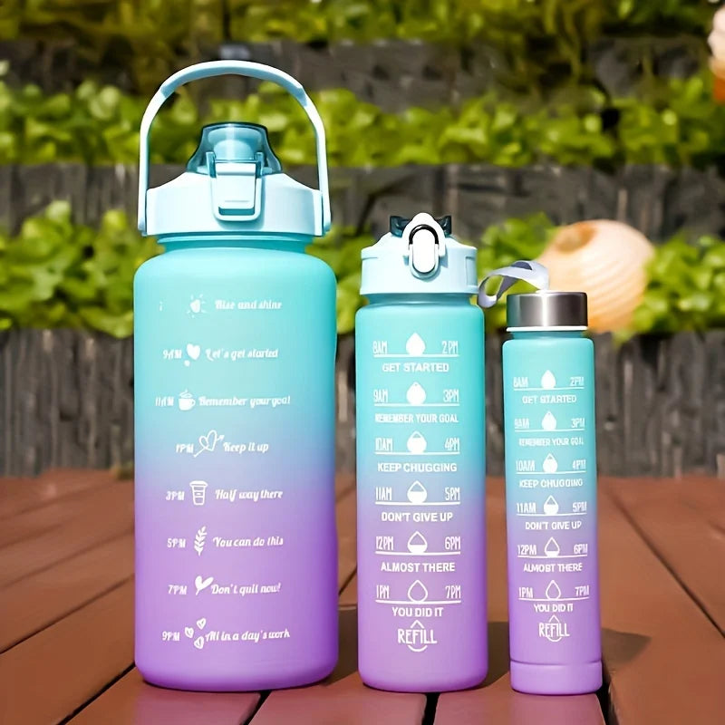 2l/900ml Water Bottle Liter Stay Hydrated Motivated Leakproof Plastic Sport Bottle Reminder Times Sports Outdoor Fitness Office Zpaxo 3pcs-green-purple 2.0L