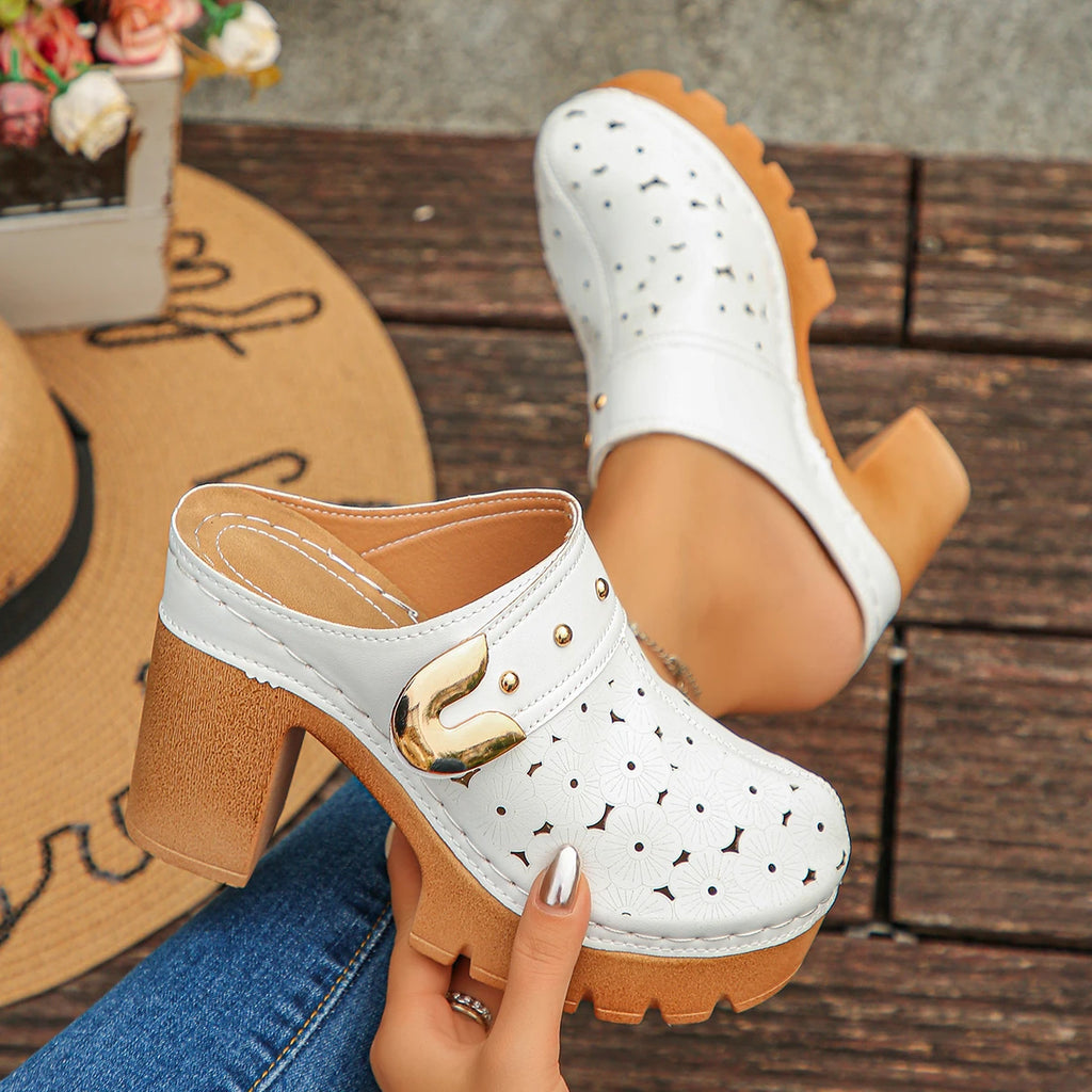 Women Slip-On Sandals Summer Street Shoes Chunky Heel Mules with Flower Pattern Sandals Hollow Upper Closed Toe Shoes for Women Zpaxo WHITE 35