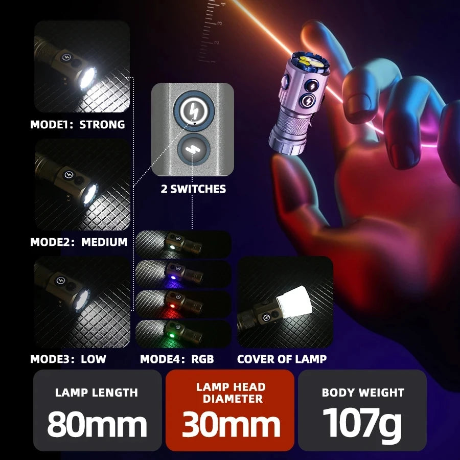 KDULIT 2000LM EDC Flashlight – Type-C Rechargeable RGB LED Torch
