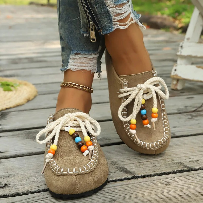 Women's Slip-on Loafers Soft Bottom Suede Leather Ethnic Flats Beaded Zpaxo 39 khaki