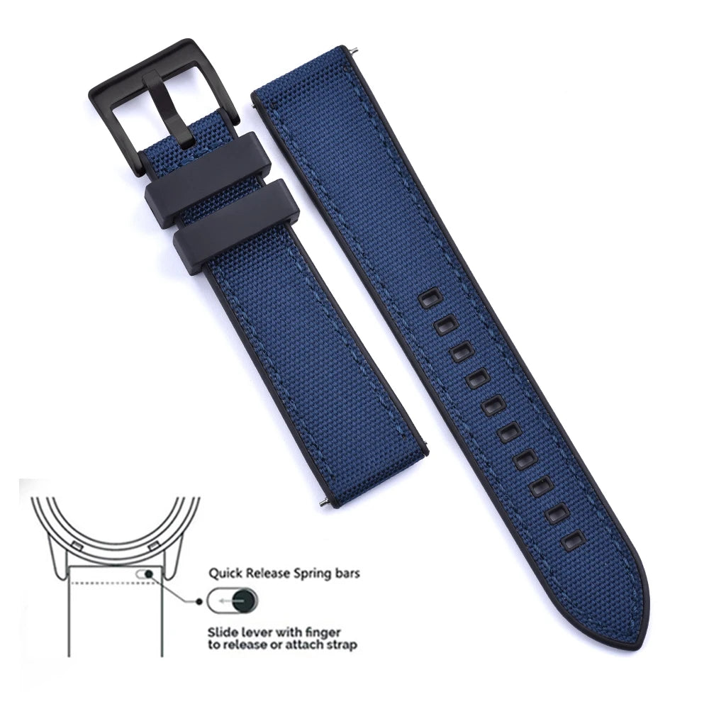High Quality FKM Canvas Watch Strap 20mm 22mm Hybrid Fluoro Rubber Nylon Watchbands Quick Release For Each Brand Diving Watches Zpaxo Black-Blue 1 1 20mm