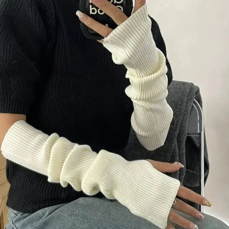 Y2K Fingerless Mittens Women Knitted Gloves Cosplay Anime Gloves Winter Arm Warmers Punk Gothic Harajuku Knit Mitten Arm Sleeves Zpaxo ST015-White