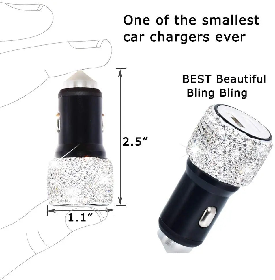 Dual USB Port Car Charger Safety Hammer Design Handmade Rhinestone