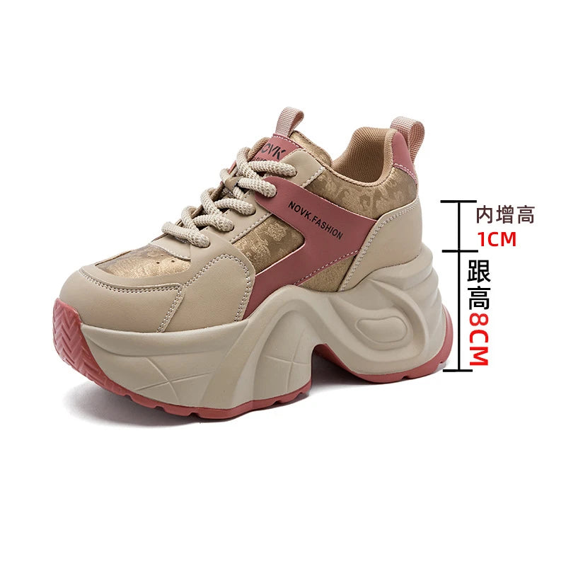 Women's Platform Chunky Sneakers Lace Up Design Sport Tag Detail Two Zpaxo 6701 Brown 34