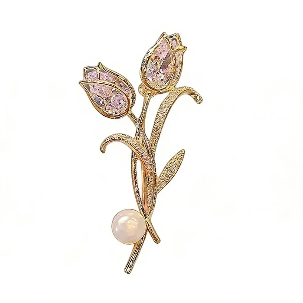 Luxury Zircon Tulip Flower Pearl Brooches For Women Fashion Crystal Floral Leaf Lapel Pins Banquet Patry Clothes Corsage Jewelry Zpaxo B