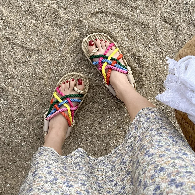 2026 Summer Women's Hemp Rope Woven Sandals Roman Rainbow Bohemian Zpaxo