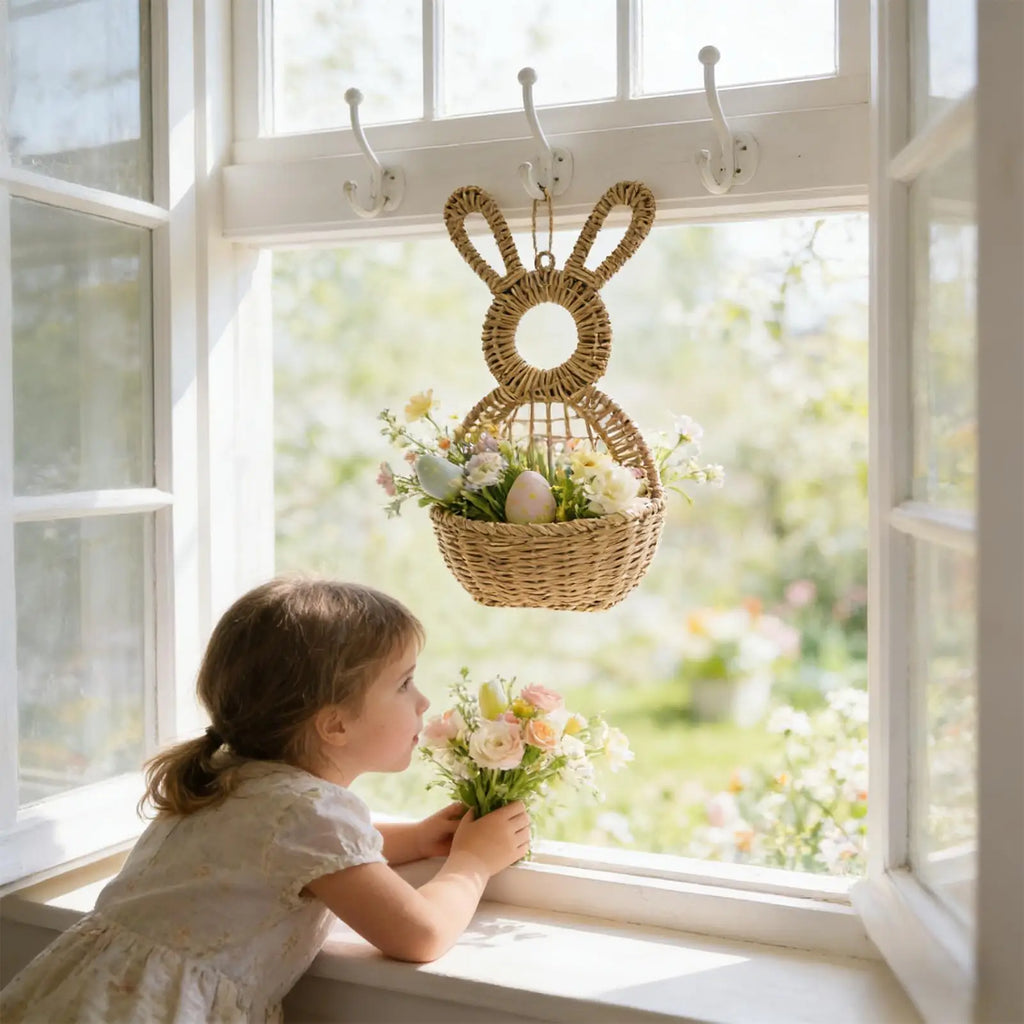 Rattan Woven Easter Bunny Wall Basket Pocket Decor Handmade Rabbit