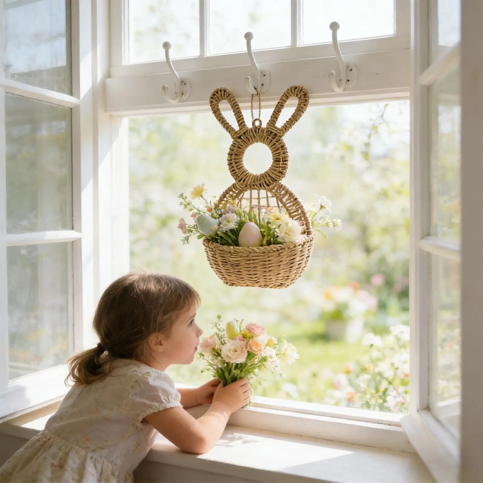 Rattan Woven Easter Bunny Wall Basket Pocket Decor Handmade Rabbit
