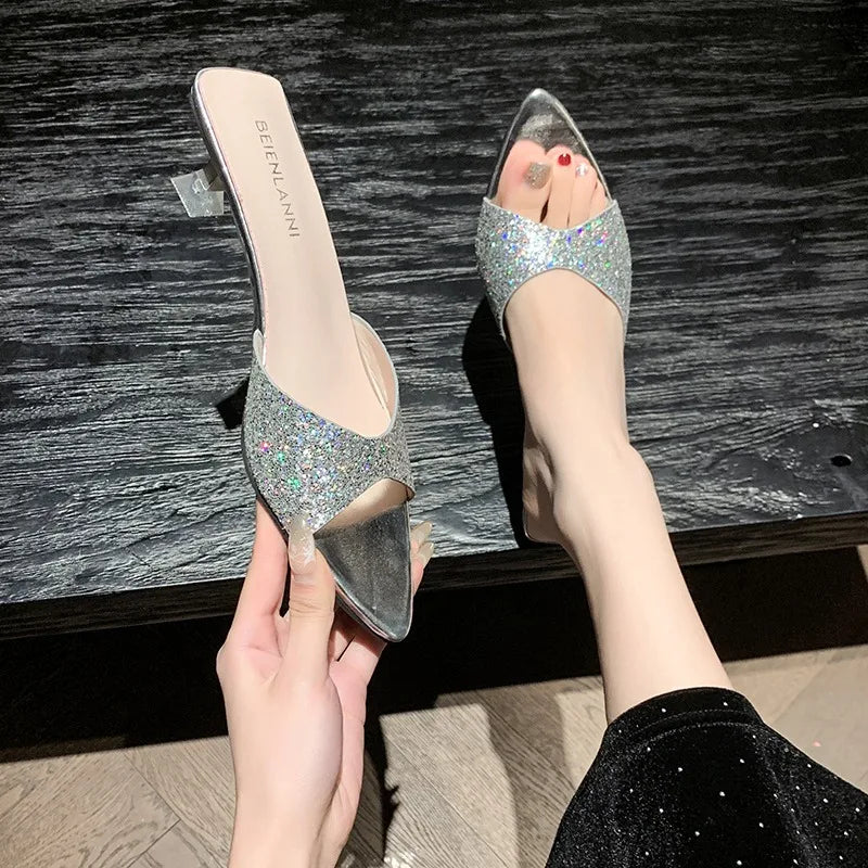 Luxury Women S Sandals Summer Mid Heels Open Toes Pointed Slip Sequin Zpaxo
