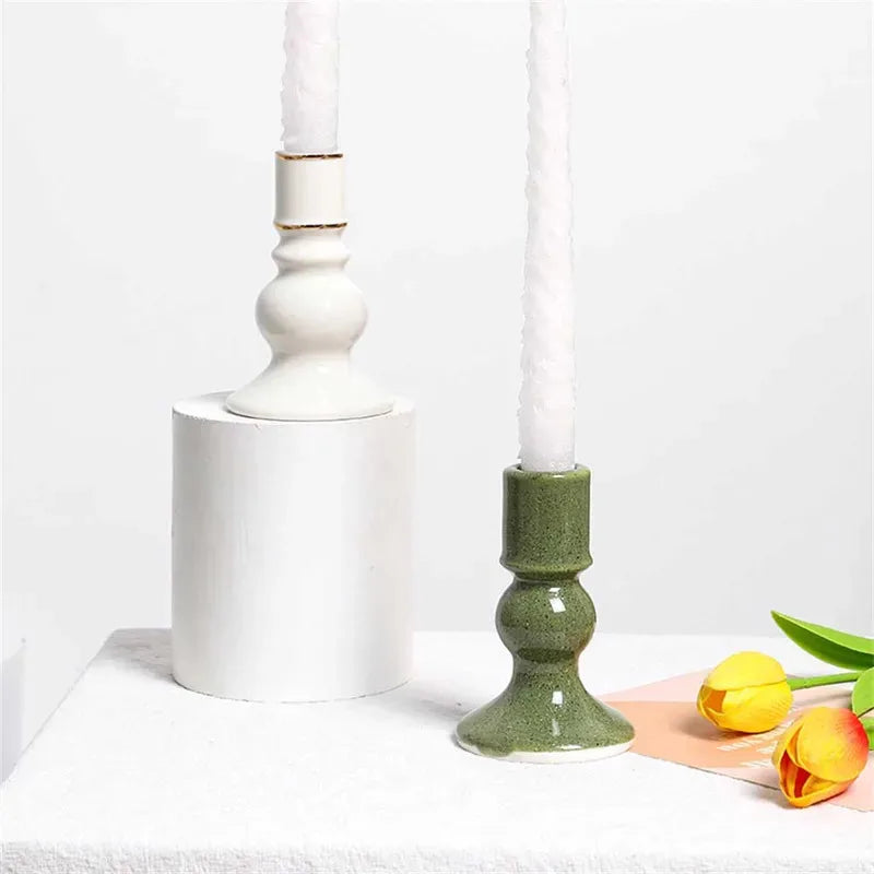 Round Ceramic Pillar Candle Holder Stoneware Table Centerpiece