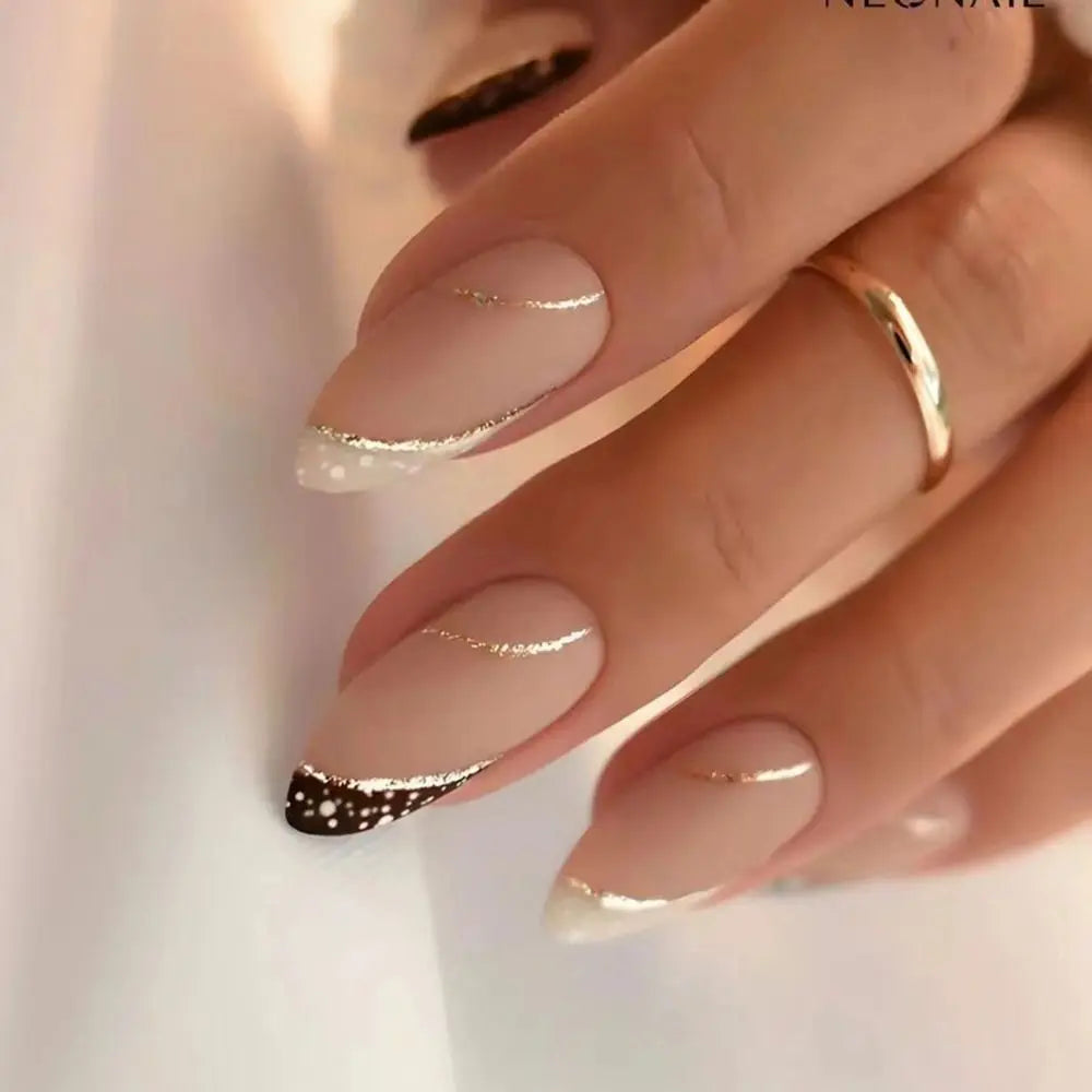 Manicure Long Almond False Nails French White Edge Press Bow Zpaxo JP2850