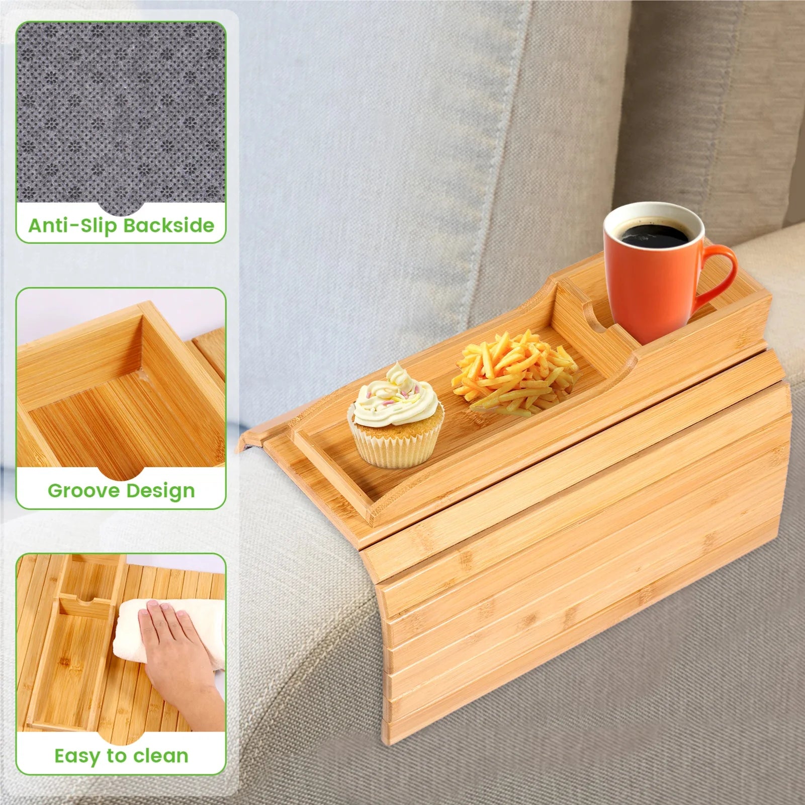 Bamboo Sofa Armrest Tray – Anti-Slip Foldable Couch Cup Holder Sofa Armrest Tray Zpaxo