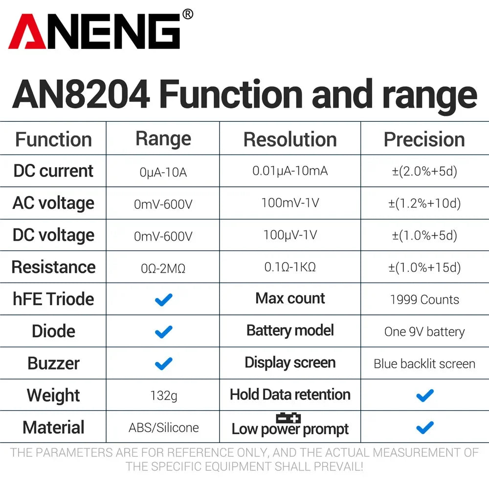 ANENG AN8204 Multimeter AC DC Voltage Current hFE Triode Buzzer
