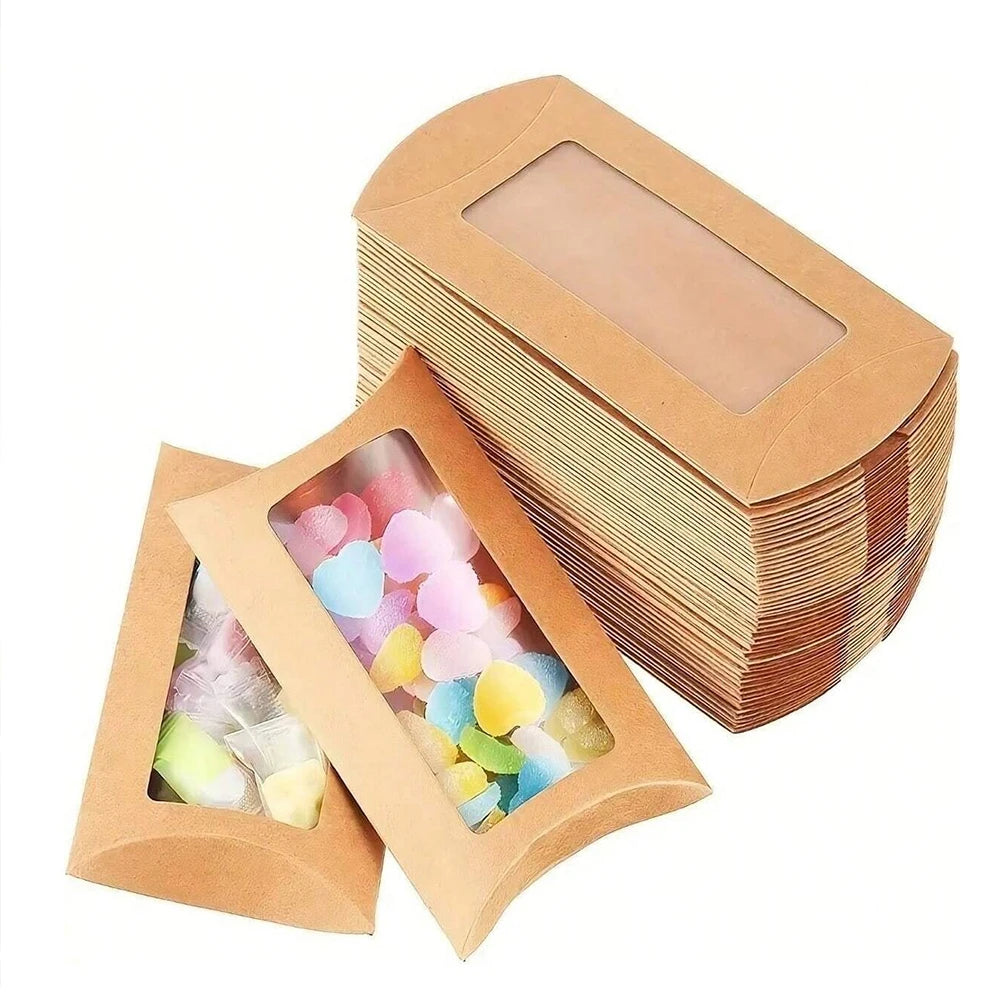 50Pcs Kraft Paper Pillow Box with Clear Window Party Favors Mini Pillow Packaging Box for Candy Chocolate Gift Jewelry Wedding Zpaxo
