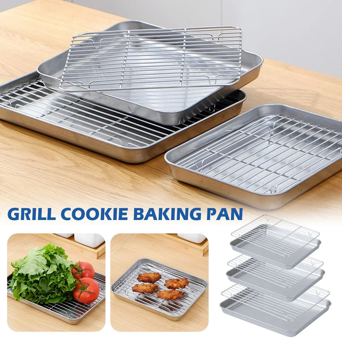 Baking tray With Wire Rack 304 Stainless Steel cake Baking BBQ Pan Tray plate Oven brownie Rack Cooking Roasting Grilling Tool Zpaxo