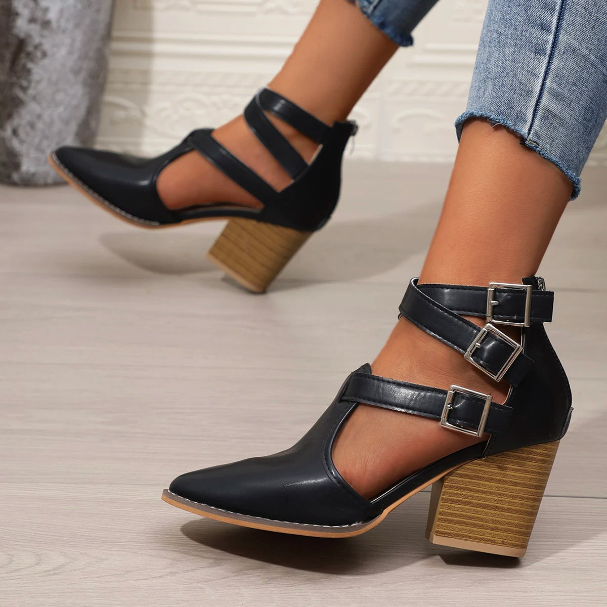 Woman Sandals 2025 Casual Chunky Heels Round Toe Burgundy Straps Zpaxo black 38
