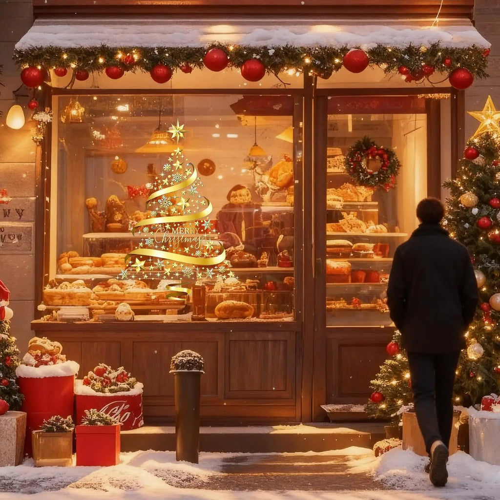 Christmas Window Clings PVC Golden Tree Electrostatic Door Indoor