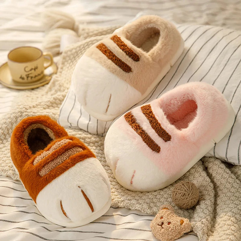 Winter Warm Cat Paw Slippers Plush Furry Loafers Closed Heel Women