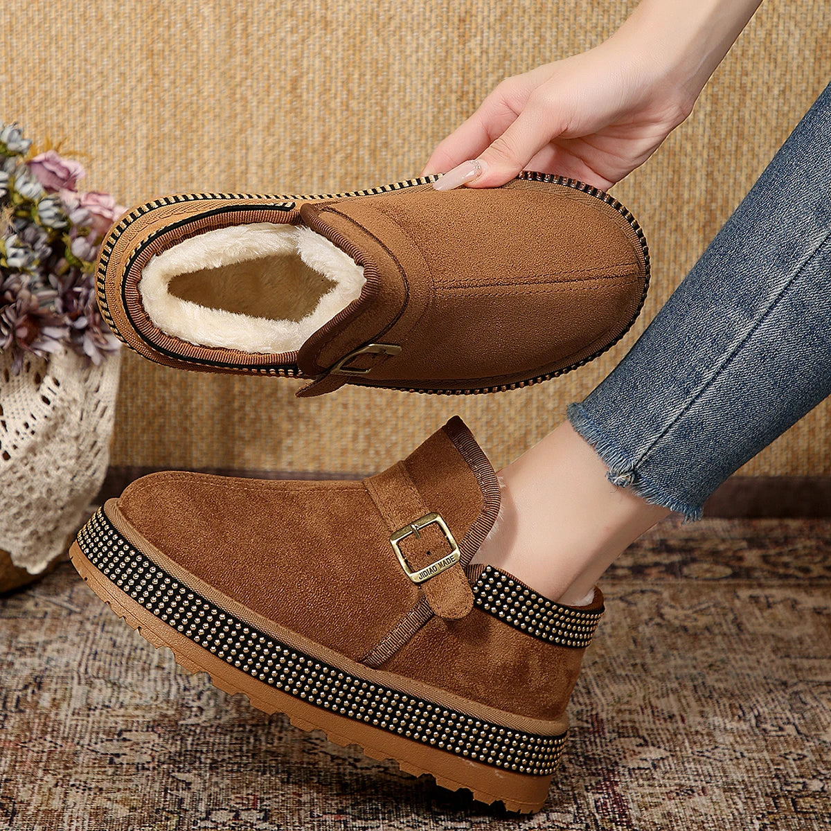 2025 New Women Snow Boots Rubber Sole Casual Solid Color Ankle Boots Women Thickened Fluff Round Toe Platform Shoes for Women Zpaxo