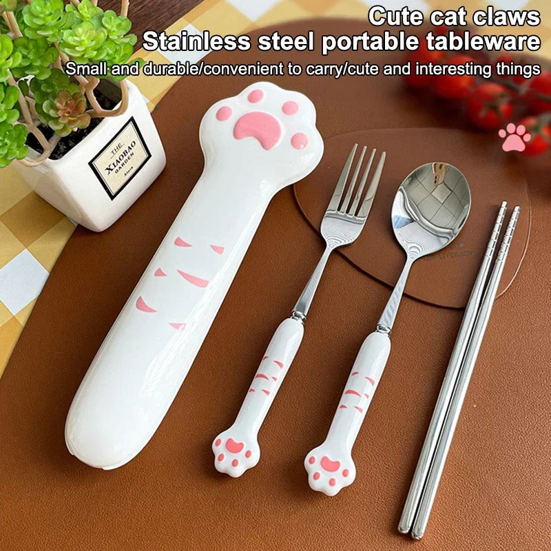 Stainless Steel Cute Cat Paw Fork Spoon Cutlery Set With Storage Box Dinnerware Tableware Silverware Lunch Portable Tableware Zpaxo