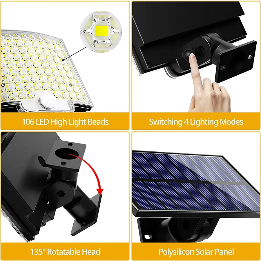 106 LED Solar Motion Sensor Wall Light – IP65 Waterproof Solar Wall Light Zpaxo