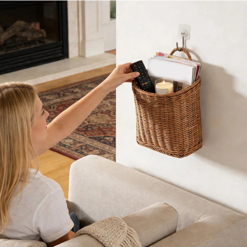 Wall Basket Decor Woven Rattan Hanging Storage Organizer Farmhouse