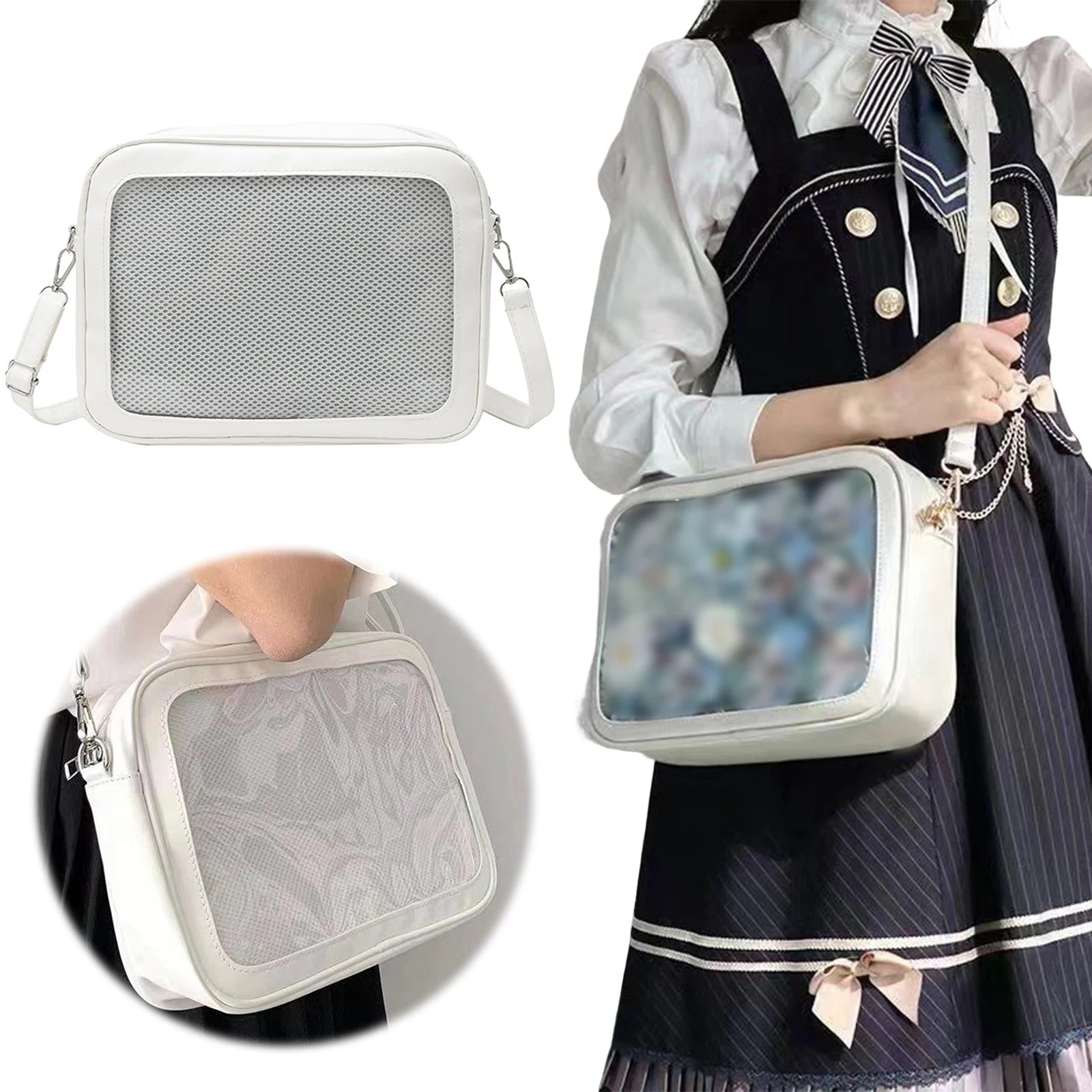 Women Transparent Square Ita Bag JK Shoulder Pin Display Lolita