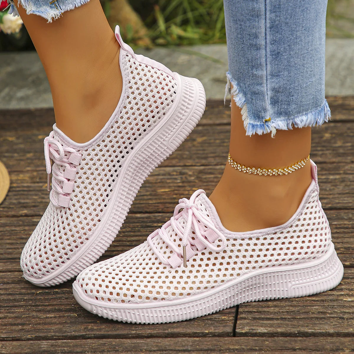 Women's Breathable Mesh Sneakers Lace-up White Walking Shoes Non-slip Zpaxo image color 7 41