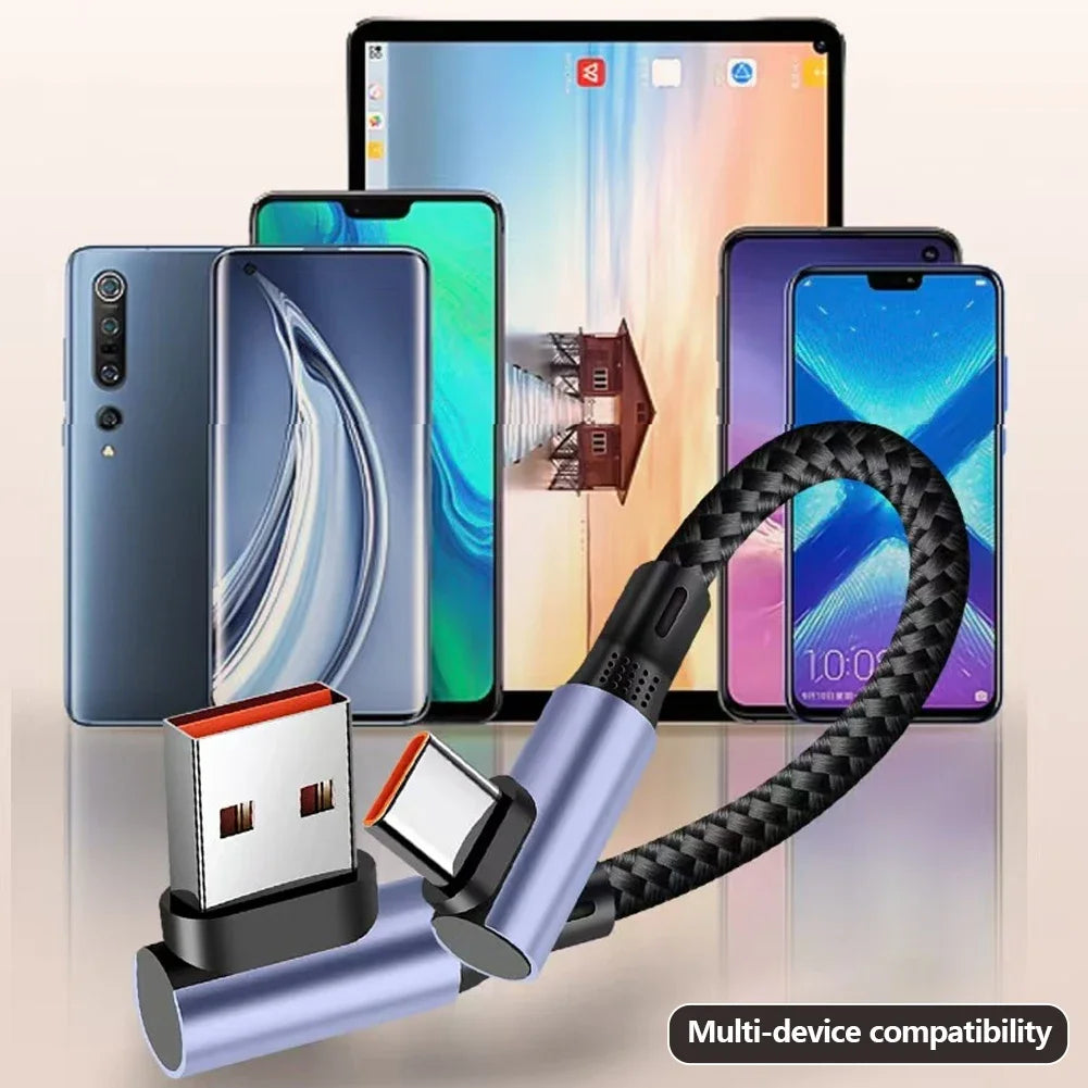 90° Elbow USB-A to USB-C Cable 15/30cm – 100W 6A Fast Charge