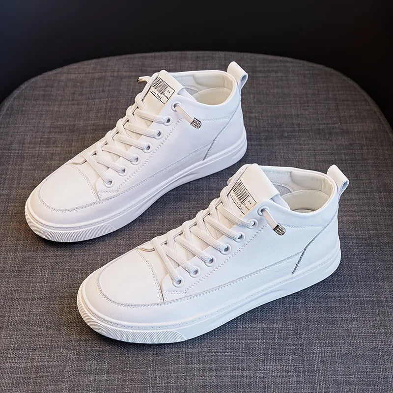 Leather Mid White Sneakers Women 2026 Spring No Tie Lazy Elastic Lace Zpaxo