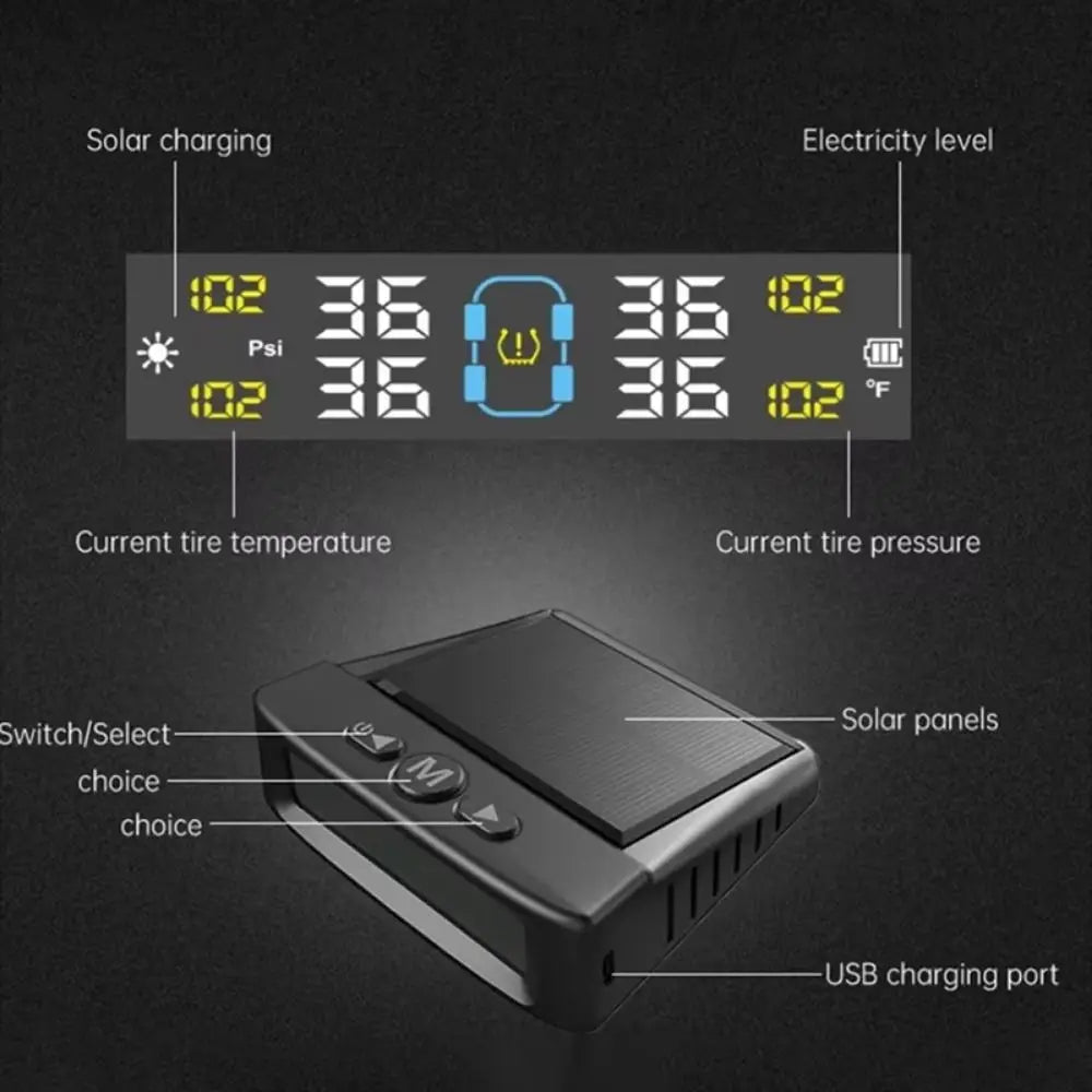 Wireless Car Tire Pressure Monitor Solar USB Powered Digital Display Zpaxo